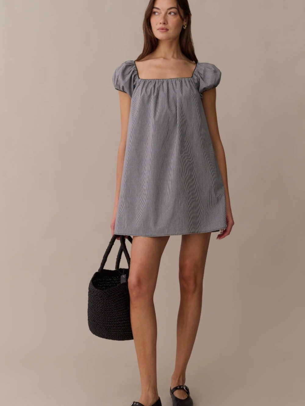 Kourt Square Neck Puff Sleeve Mini Dress in Black And White Gingham